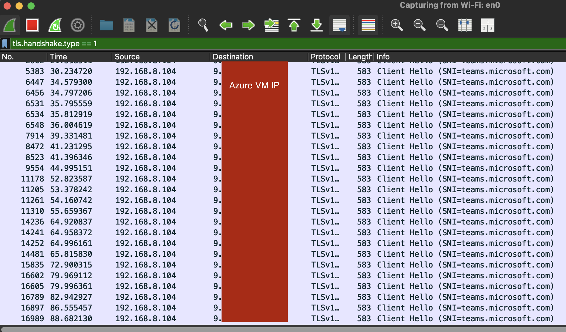 Wireshark capture showing all TLS ClientHello packets with SNI=teams.microsoft.com